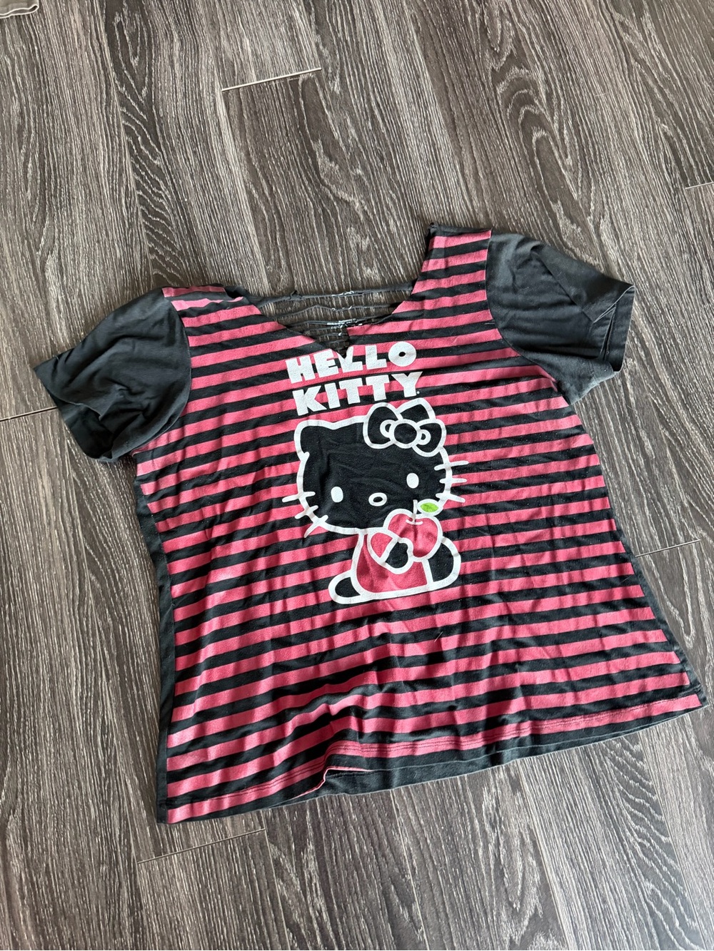 Hello Kitty Black and Pink Striped Short Sleeve Tee
